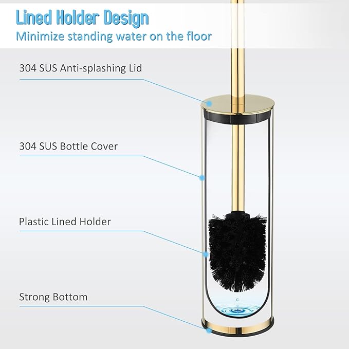 Toilet Brush and Holder Set Gold Stainless Steel 304 Heavy Duty Round Toilet Brush Set – Rust Resistant Long Handle Replacement Heads Floor Standing Bathroom Toilet Cleaning Brush
