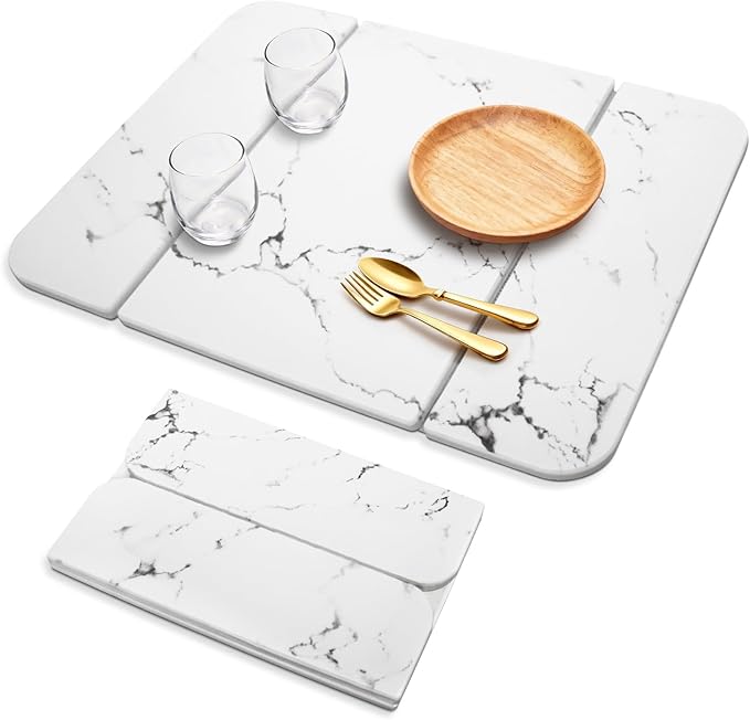 Stone Drying Mat for Kitchen CounterFoldable Quick-Dry Dish Drying MatWater-Absorbent Marble Diatomaceous Earth Mats for Dishes Cups &amp Bottles on Any Countertop(20x16)