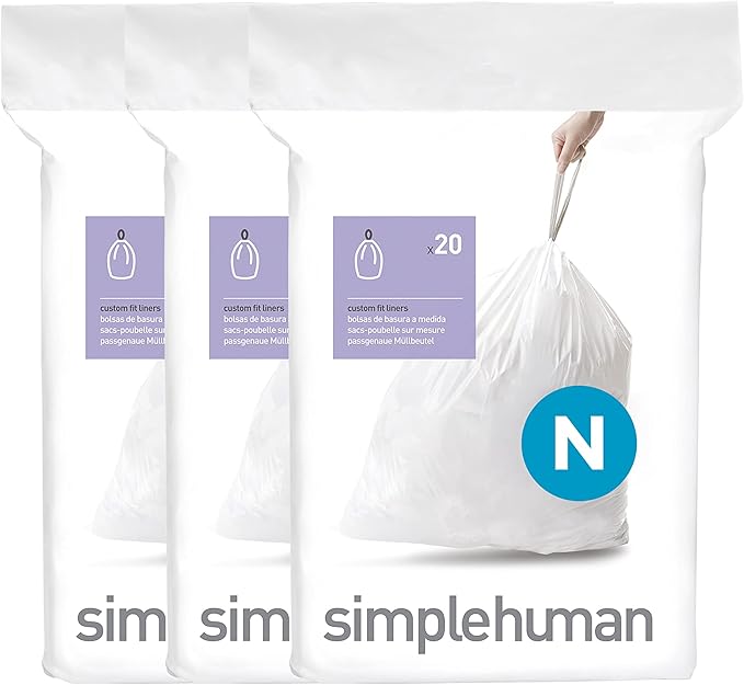 simplehuman Code N 60 Count Dispenser Pack Custom Fit Liners Drawstring Trash Bags 45-50 Liter / 11.9-13.2 Gallon White
