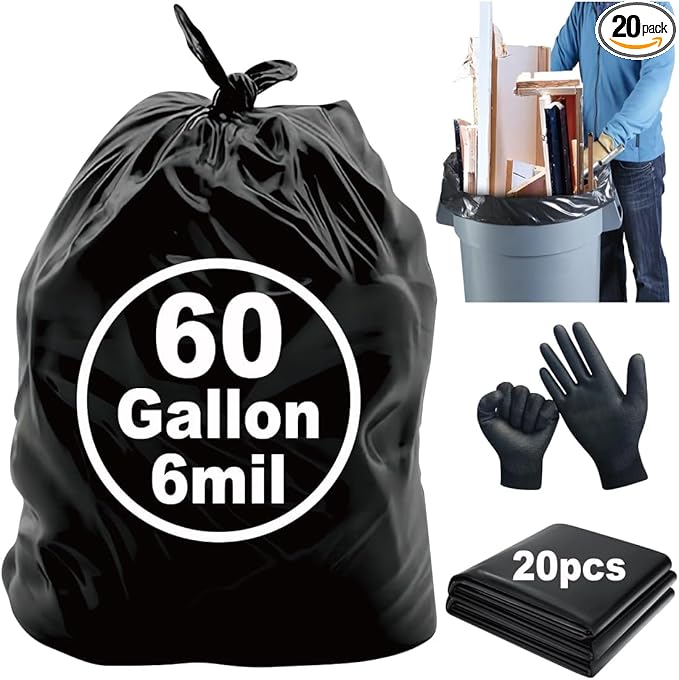 6 Mil Heavy Duty Contractor Trash Bags - 20 Pack Large Clear Construction Garbage Bags for 50/55/60 Gallon (Extra Thick Tear Resistant) (32 X 52)