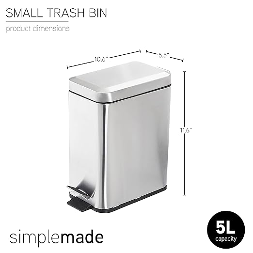 SIMPLEMADE Rectangle Step Trash Can - 5 Liter / 1.3 Gallon - Small with Lid Stainless Steel for Bathroom | Office | Garbage | Metal Wastebasket (Steel)