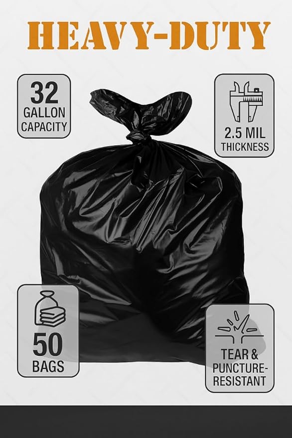 32–33 Gallon Heavy Duty Trash Bags 100 Count – 2.5 Mil Thick Black Contractor Garbage Bags for Outdoor Bins Lawn Construction &amp Commercial Use – Tear-Resistant Can Liners 32 x 38