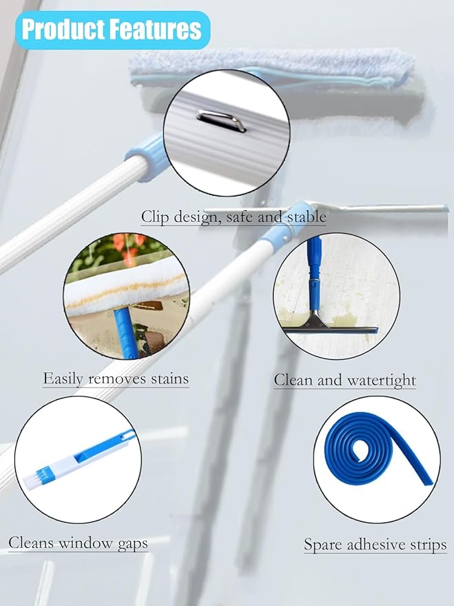 Retractable Window Cleaner Mops Kit 40 Ft Windows Clean Tool with Extension Pole Glass Cleaning Equipment for Indoor &amp Outdoor High Window Cleaning
