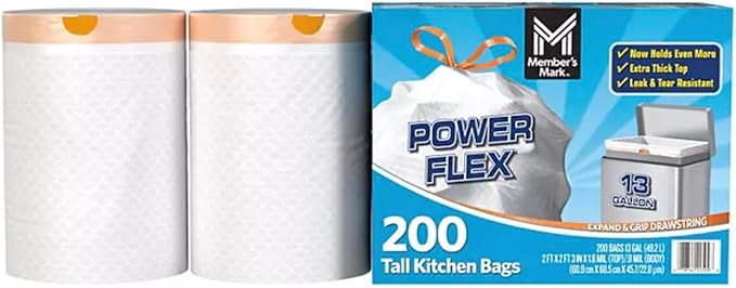 Member Mark Power Flex 13-Gallon Tall Kitchen Trash Bags 200-Count Leak &amp Tear Resistant Drawstring 2x Stronger