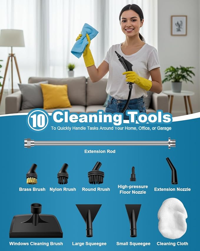 Handheld Steam Cleaner 2500W Powerful 15sec Heat-up Multipurpose Steamer 3-Level Temp 37OZ Pressurized Deep Cleaning Steamer with 10 pcs Accessories for Window Grease Car Home