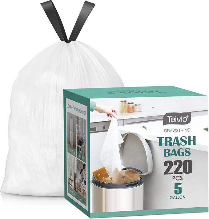 5 Gallon 220pcs Strong Drawstring Trash Bags Garbage Bags by Teivio Bathroom Trash Can Bin Liners Small Plastic Bags for home office kitchen White