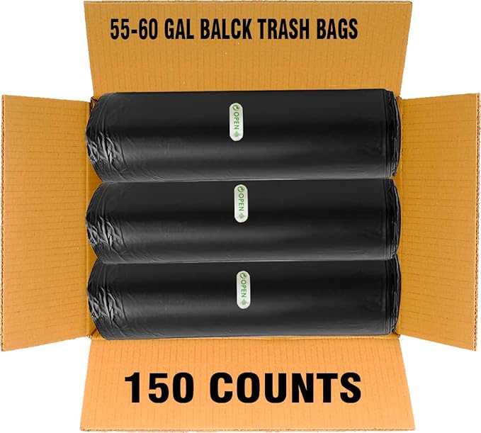 55-60 Gallon Trash Bags 150 Count Bulk Black Heavy Duty Garbage bags Multi-purpose Trash Can Bin Liners for Business Home Commercial Industrial Contractors Storage Outdoor