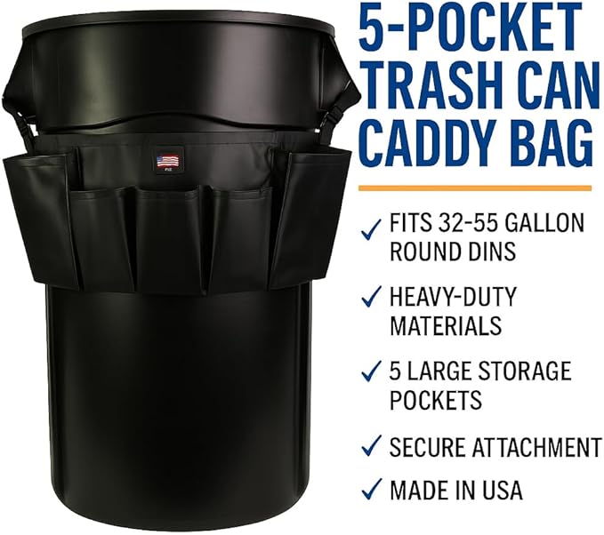 American Supply 5-Pocket Trash Can Caddy Bag – Heavy-Duty Organizer for 32-55 Gallon Round Trash Bins | Janitorial Cleaning Tool Pouch (Black)