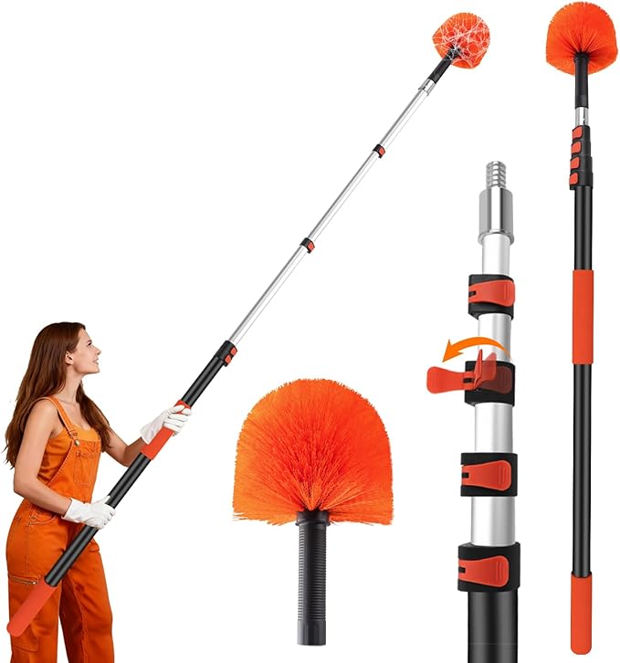26FT Cobweb Duster with Extension Pole - High Reach Duster for High Ceilings &amp Outdoor Use - Telescoping Pole 5-20 Ft Soft Bristles Cobweb Cleaner - 3/4 Acme Universal Thread