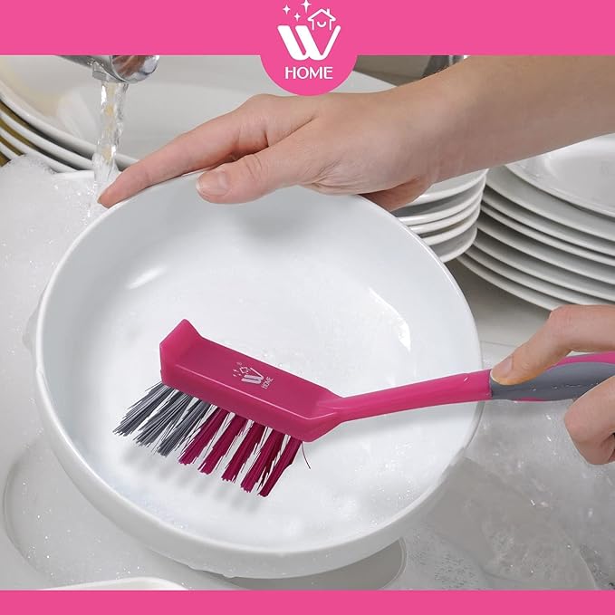 Natural Solution WBM Home Dish Brush 3-Pack Pink Nylon Bristles &amp Handle Kitchen &amp Bathroom Cleaning Brushes