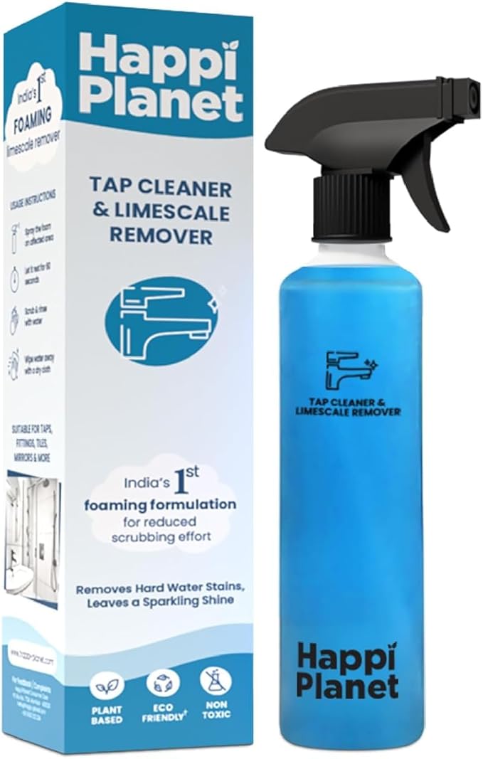 Hap-Pi Planet Tap Cleaner &amp Limescale Remover | Foaming Bathroom &amp Hard Water Stain Cleaner | Non-Toxic Plant-Based Formula | Multipurpose Cleaner for Tap Shower Tiles Mirror &amp Sink | 5