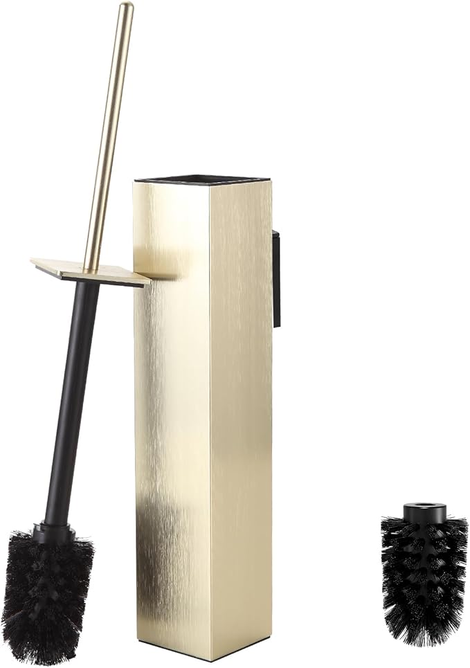 Toilet Brush and Holder Wall Mounted Brushed Gold Aluminum with 2 Replaceable Heads Bathroom Toilet Brush Drill or 3M Adhesive Mount Removable Liner and Splash Guard Modern Square Design