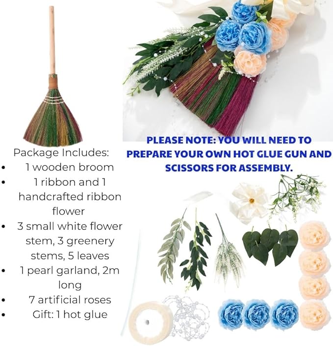 Elegant Wedding Brooms Bride Bridegroom Jumping The Broom for Wedding Natural Whisk Broom with Ribbons Artificial Pearl LeavesRoses for Decorative