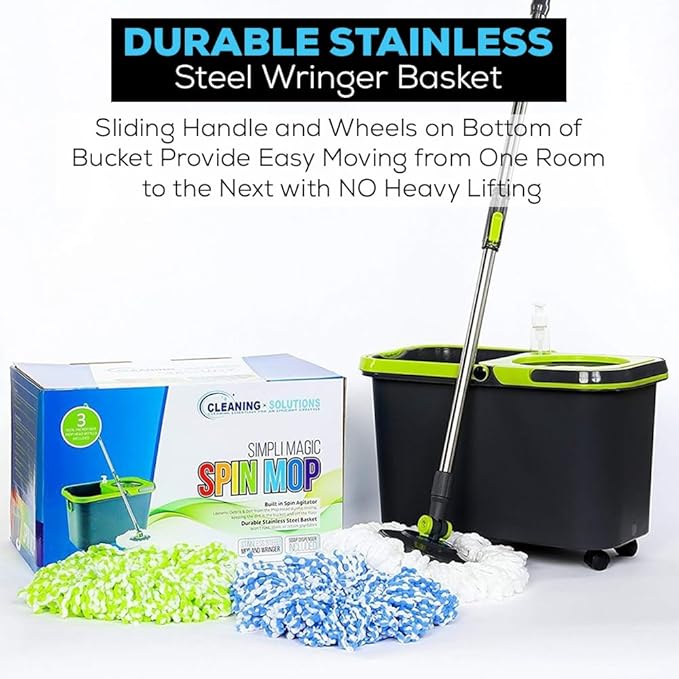 Simpli-Magic 360° Spin Mop and Bucket with Wringer – 3 High-Absorbent Microfiber Washable Heads Soap Dispenser – Spinning Mop and Bucket Set for All Types Floor Cleaning