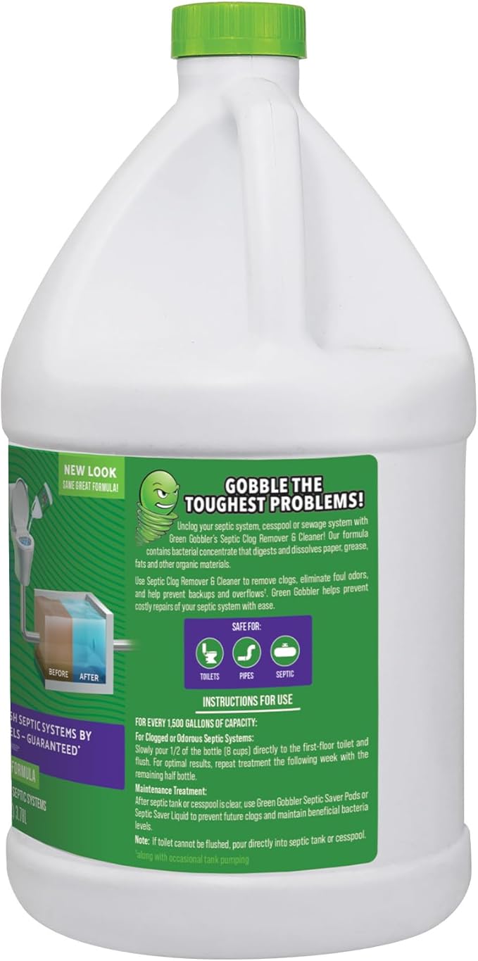 Green Gobbler EMERGENCY Septic Sludge Remover - Septic Tank Clog Remover Treatment for Clogs Back-Ups &amp Foul Odors and Overflow Prevention - 1 Gallon