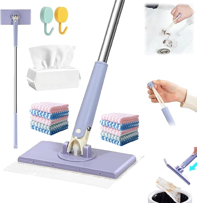 Clever Snap-Grip Mini Mop No Wash Lazy Mops Wet and Dry Zero Touch Convenient Automatic Cloth Changing Mini Mop Disposable Dust Mop with 10 Reusable Cloths for Multi Cleaning (Purple 28in)