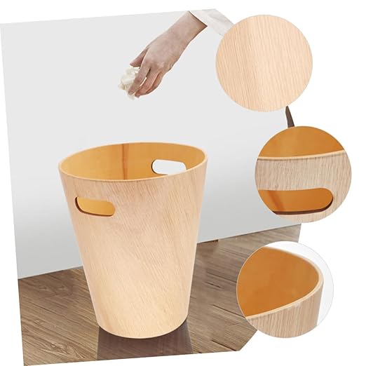 Elegant Wooden Storage Bucket Trash Can Lid Desk Garbage Bin Table Wastebasket for Home Office