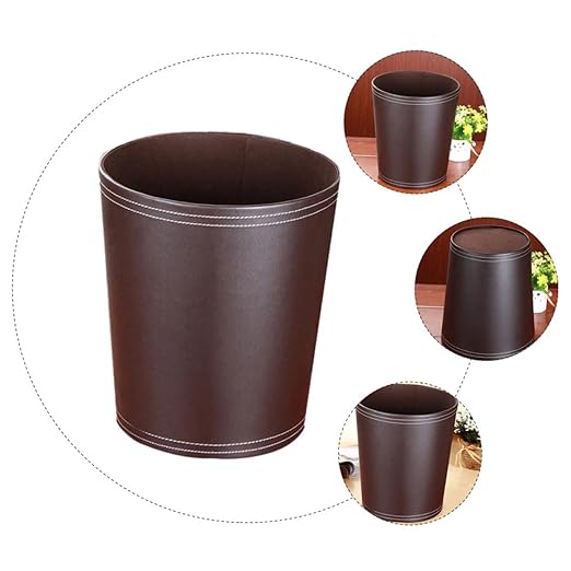 VOSAREA 1Pc Round Waste Basket Stylish Trash Can for Home Office PU Design Convenient Open Top for Easy Disposal for Living Room Workspace
