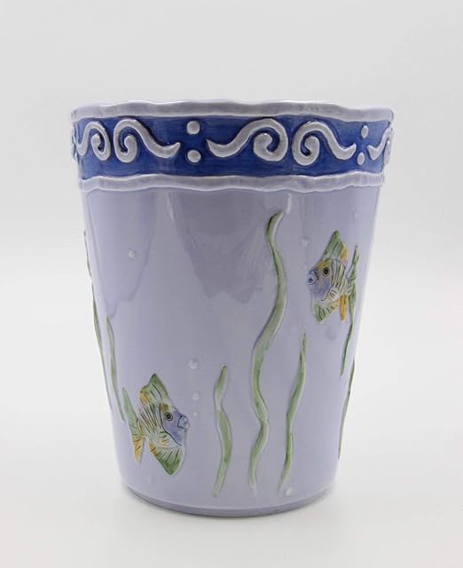 Cosmos Gifts Corp Fine Ceramic Hand Painted Tropical Ocean Fish Starfish Design Wastebasket 9-1/2 H