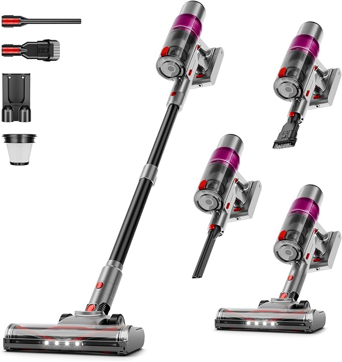 Cordless Vacuum Cleaner: Portable 6-in-1 Stick Vacuum with Anti-Tangle Brush LED Headlight Self-Standing HD Display Rechargeable Vacuum for Pet Hair Low-Pile Carpet and Hardwood Floor-Purple