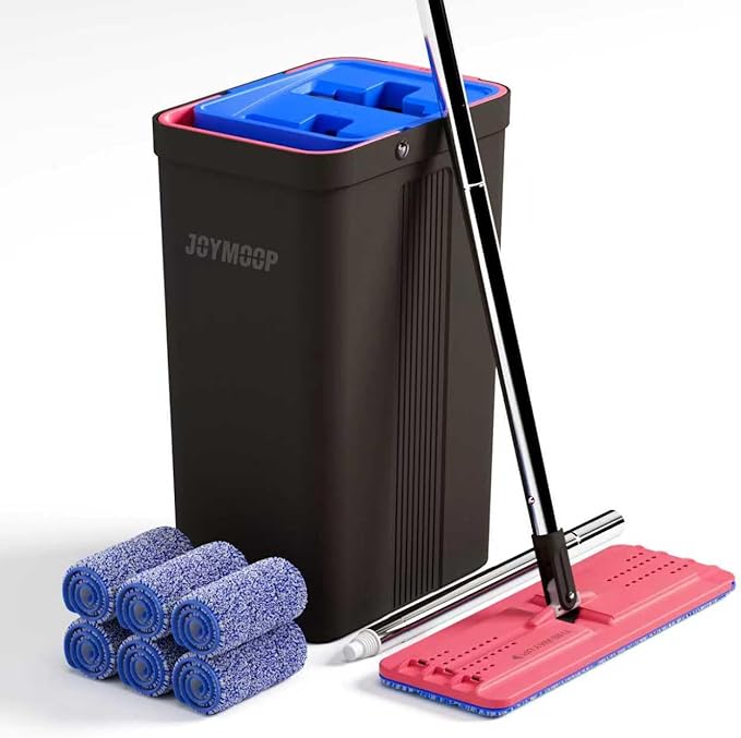 JOYMOOP Mop and Bucket with Wringer Set Hands Free Flat Floor Mop and Bucket with 6 Washable Microfiber Pads Wet and Dry Use Floor Cleaning System - Black+Red+Slate Blue