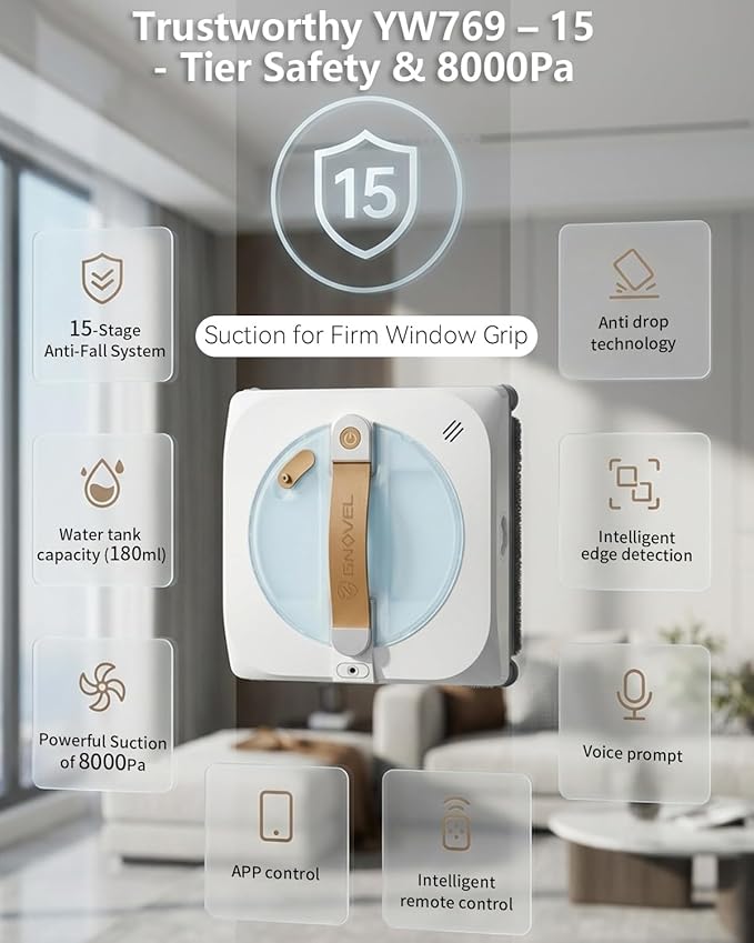 Window Cleaning Robot with 8000Pa 2025 Upgraded Window Cleaner Robot with Intelligent Path Planning 15-Stage Anti-Fall App/Remote Control for Glass Edge Detection System Tile &amp Windows
