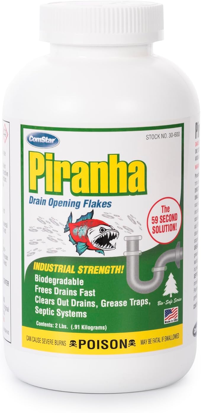 ComStar Piranha - Crystal Flakes Non-Acid Drain Cleaner That Dissolves Grease Hair &amp Root Growth in Sewer Lines Instantly Made in USA 2 Pounds (30-600)
