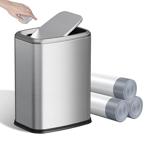 8L/2.1 Gal Small Bathroom Trash Can with Lid Swing-Top Rectangular Waste Bin Stainless Steel Garbage Can for Home Office Toilet Bedroom Living Room (Silver)