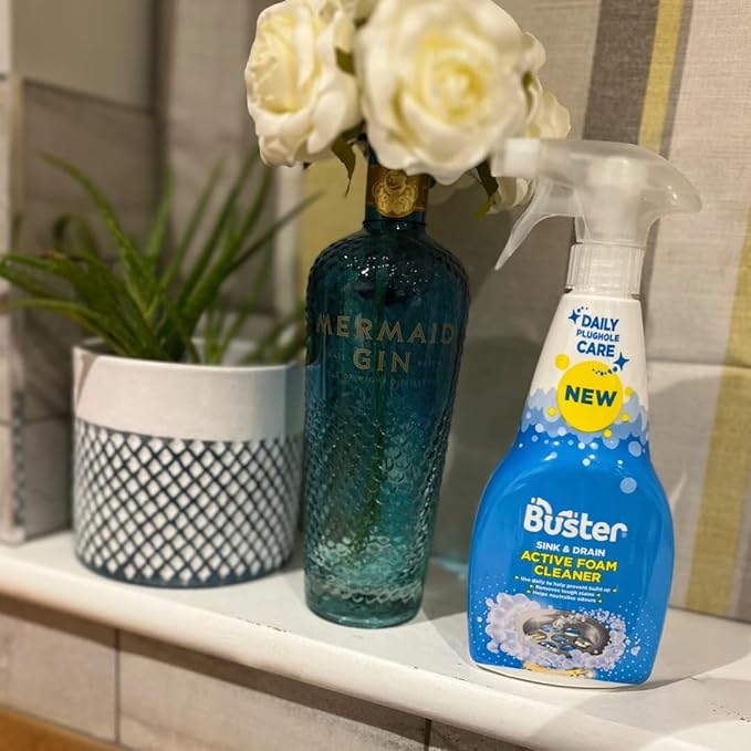 BUSTER Active Foam Sink &amp Drain Cleaner 500ml x 2 - Sink Cleaner to Remove Limescale &amp Stains - Daily Plughole Foam Cleaner &amp Odour Eliminator – Foam Cleaner for Sinks Showers Drains and