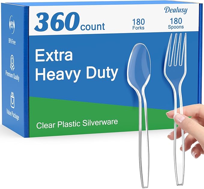 360 Count Extra Heavy Duty Clear Plastic Forks and Spoons 180 Forks &amp 180 Spoons Heat Resistant Disposable Plastic Silverware Set