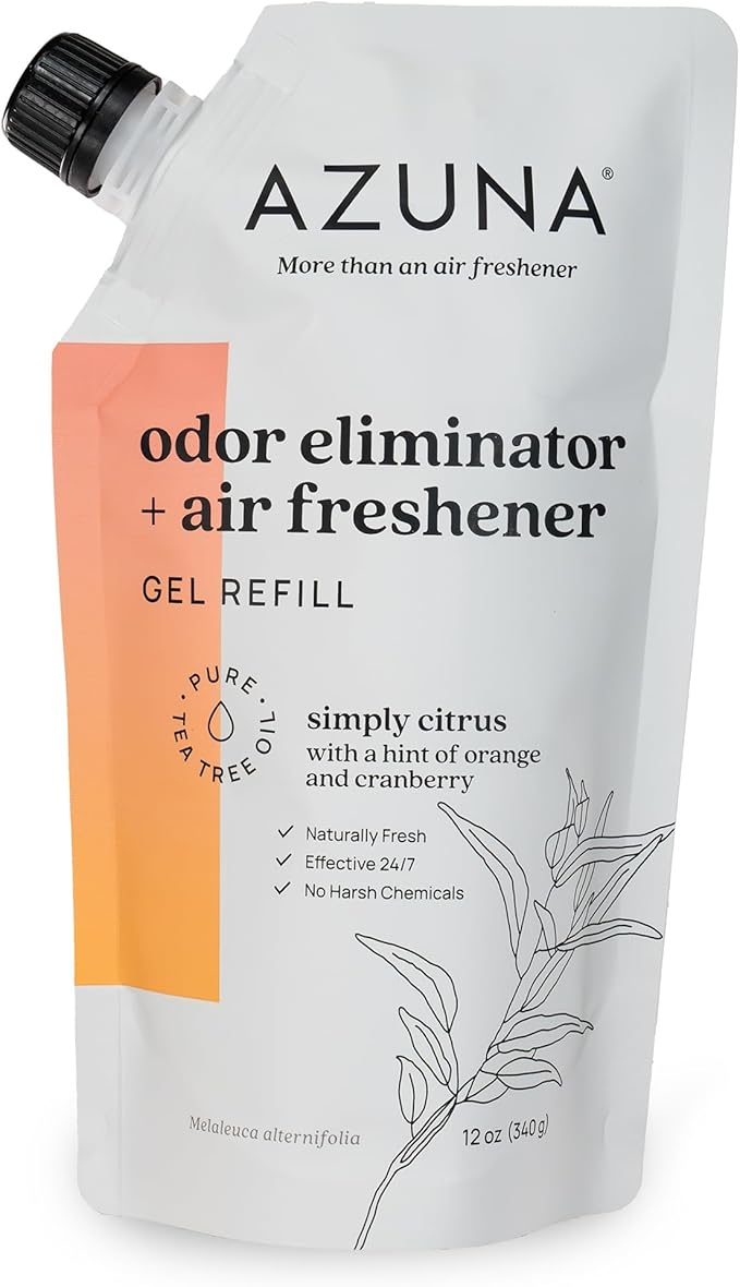 Azuna Air Freshener and Odor Eliminator for Strong Odor Gel 12oz Refill Pouch | Plant-Based &amp Long Lasting | Pet Smoke Home and Bathroom | Simply Citrus | Lasts 60–90 Days