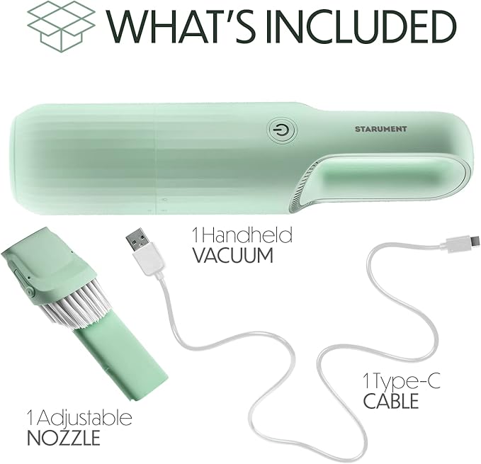 STARUMENT Vacuum Cleaner for Dust Pet Hair Dirt Home Car Interior Lightweight Portable Handheld Cordless Easy to Use Compact Design Battery Rechargeable with USB-C Cable (Mint Green)