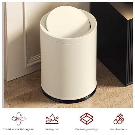 2.6GAL Off White Metal Bathroom Trash Can with LidDouble BucketSwing LidRound Waste Basket for BathroomBedroomOfficeHotelBank