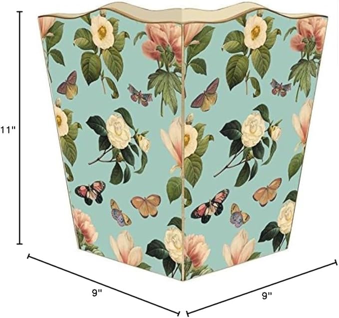 Marye-Kelley- Floral 1 on Aqua Wastepaper Basket Decoupage Wood Decorative Wastebasket for Kitchen Bathroom Bedroom Living Room Handmade Made in The USA