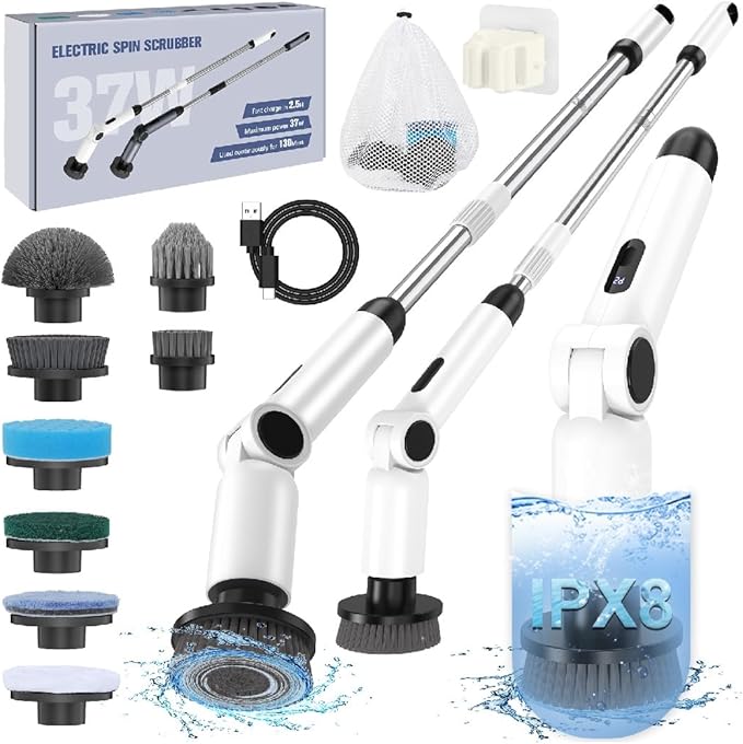 Electric Spin Scrubber [IPX8 Waterproof ] [50KG Torque] Shower Scrubber with 9 Brush Heads 2 Speed Mode 4 Adjustable Angles Electric Brush for Cleaning for Bathroom Floor Tile
