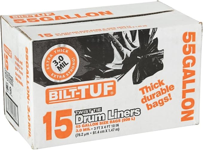 Contractor Trash Bags 55 Gallon Drum Liner Flat Cut Top Superior Strength Black 3.0 Mil 15 Count - Bilt-Tuf