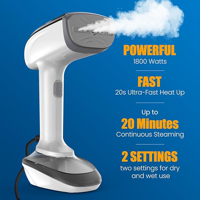 Powerful Handheld Fabric Steamer - 1800W with Fast Ceramic Heat-Up Plate 2-in-1 Ironing &amp Wrinkle Remover Steam Nozzle Lint Brush - White for US 120V Only