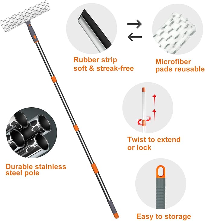 ITTAHO Squeegee for Window Cleaning12 Squeegee and 11 Microfiber Scrubber Combi with Stainless Steel PoleExtendable Window Cleaner for CarSliding DoorShower Glass Door-Swivel Style-2 Pads