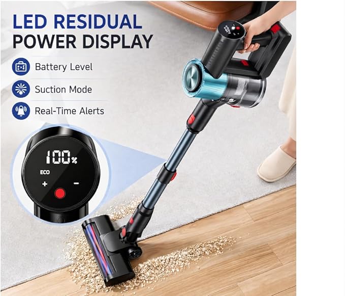 Cordless Vacuum Cleaner Stick Vacuum for Pet Hair &amp Hardwood Floor Self-Standing Rechargeable Vacuum with Smart LED Display Lightweight Battery Powered Vacuum for Home Dorm &amp Dog Hair-Blu