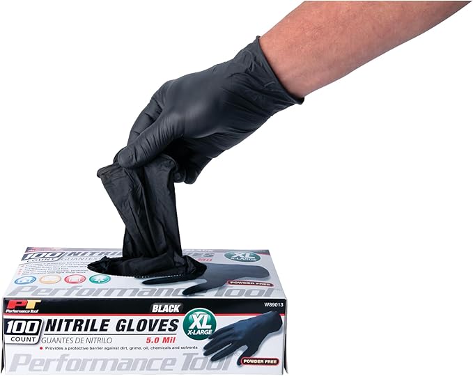 Performance Tool W89013 Black Nitrile Gloves | Disposable Powder Free latex rubber free Textured Fingertips for Better Grip  X-Large | 100pc