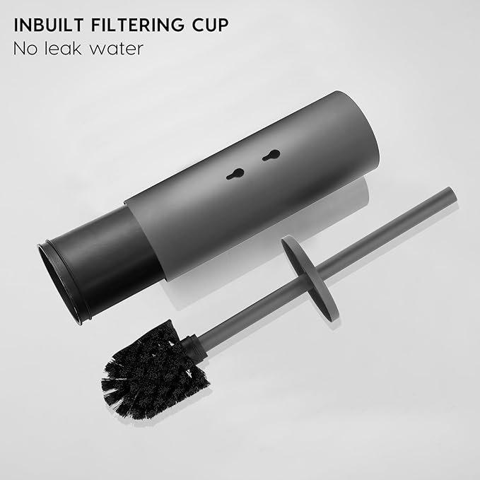 Stainless Steel Toilet Brush and Holder Set No-Punch Hook Base Dual Purpose Toilet Brush Holder with Removable Inner Bucket and Splash Cover - Soft Bristles (Gray)