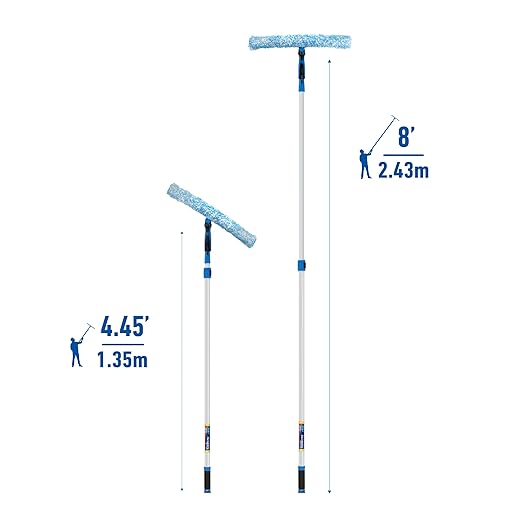 Unger Professional Connect and Clean 18” Grip Microfiber Window Scrubber with 8’ Pole High-Access Glass Surface Household Cleaning Supplies and Tools Reusable Microfiber Sleeve
