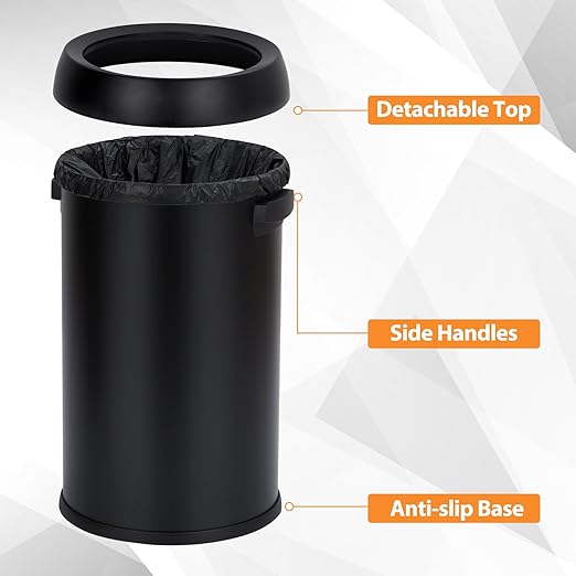 GarveeHome 17 gal/65 L Open Top Trash Can Stainless Steel Rubbish Bin Commercial Grade Waste Container Round Garbage Can for Outdoor Home Office Restaurant Black