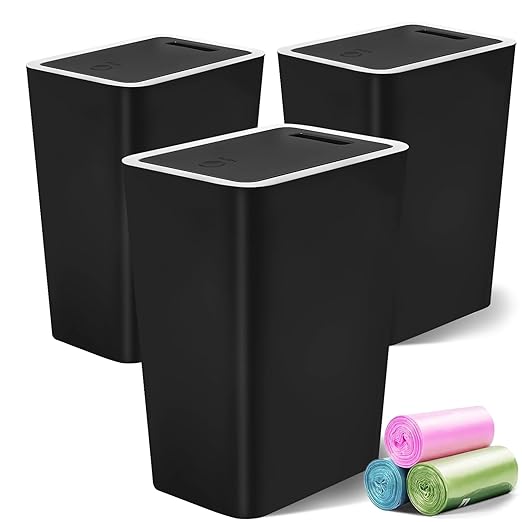 Lysam Small Trash Can 3 Pack 4 Gallons Bathroom Garbage Can with Lid Press-Top Small Waste Basket with Trash Bags Slim Plastic Garbage Bin for Dorm Office Bedroom Kitchen Living Room （ Black ）