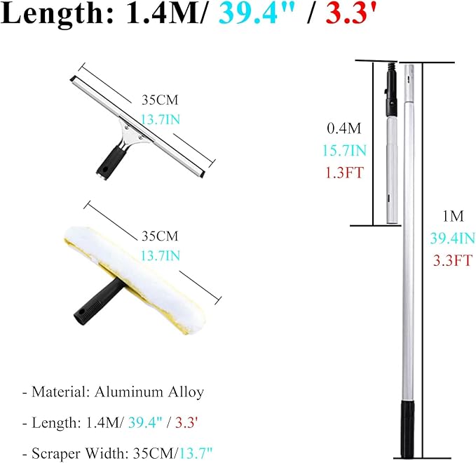 Window Cleaner Tool for High Windows 33 26 20 14 Feet 8 5 Ft Professional Extendable Cleaning Tool Kit/Telescopic Poles Bars for Indoor Outdoor Washing Glasses with Squ1.4m/55in/4.6ft