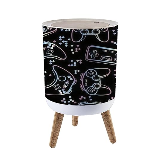 Small Bathroom Bedroom Trash Can with Lid joysticks Gaming Cool Cute Kawaii Garbage Wood Waste Bin Press Cover Round Wastebasket for Kids Boys Kitchen Nursery 7L/1.8 Gallon 8.66x14.3inch