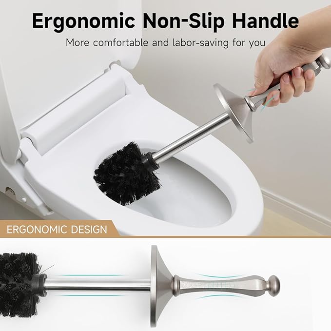 Stain Nickel Toilet Brush and HolderExtra Long Handled Toilet Brush for BathroomStainless Steel Heavy Duty Toilet Bowl BrushDeep Cleaning Modern Toilet Cleaner Brush -Space Saving Covered Brush