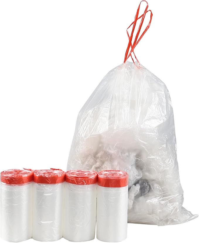 Yuright 5 Gallon Drawstring Garbage Bags Small Clear Trash Bags with Handle 4 Rolls/220 Counts F