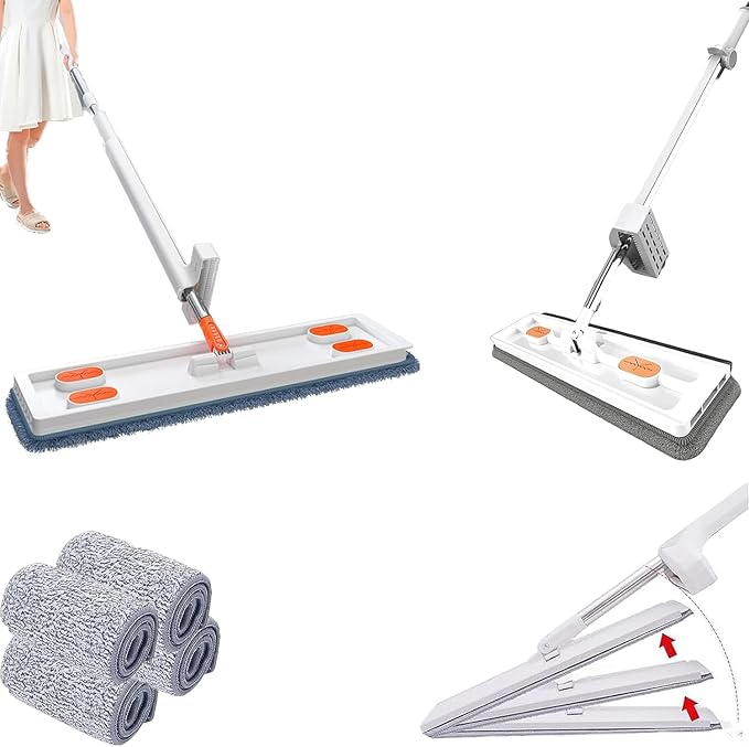Large Flat Mop 2023 Large 16’’ Flat Mop Wet and Dry Use360° Freely Rotating Head Self-Contained Dewatering Scraper with 2/4 Microfiber Pads 12027(White4Pcs)