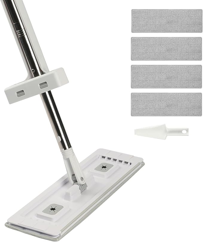 Happybuy Microfiber Flat Mop with Self-Wringing Handle – Includes 4 Washable Pads for Wet/Dry Cleaning on Tile Laminate &amp Hardwood Floors